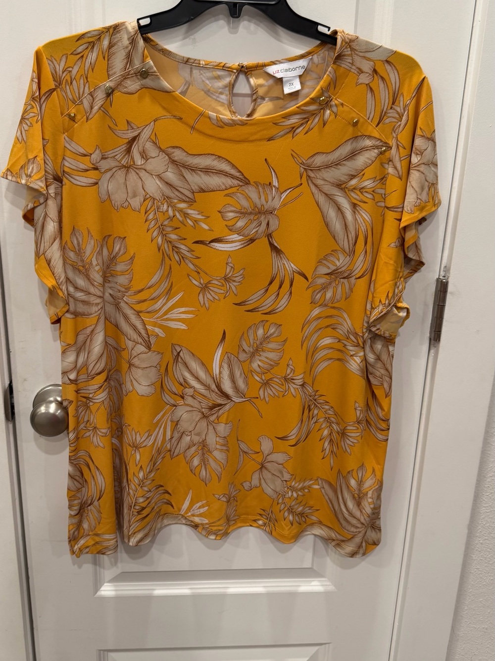Liz Claiborne Mustard Yellow Floral Short-Sleeve Blouse